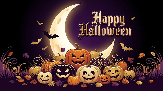 Happy halloween festive banner with variety of jack-o'-lanterns and bats flying under a crescent moon perfect for holiday design.