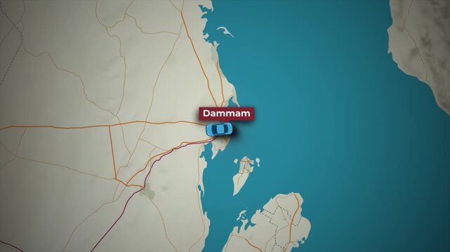 Animated Car Driving Route from Dammam to Riyadh on Saudi Arabia Map