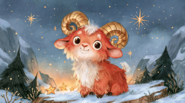 Sweet baby goat with golden horns on magic winter background. Chinese New Year, Spring Festival celebration. Year of the Fire Goat. Cartoon illustration for invitation poster, greeting card