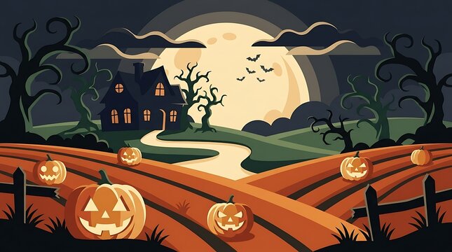 Haunted house silhouette on hill overlooking pumpkin farm under giant full moon with gnarled trees for classic scary halloween celebration.
