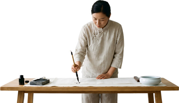 woman practicing traditional chinese calligraphy with brush and ink on paper