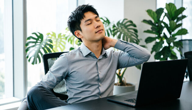 Young Asian male employee stretching neck and taking a mental health break at modern office desk