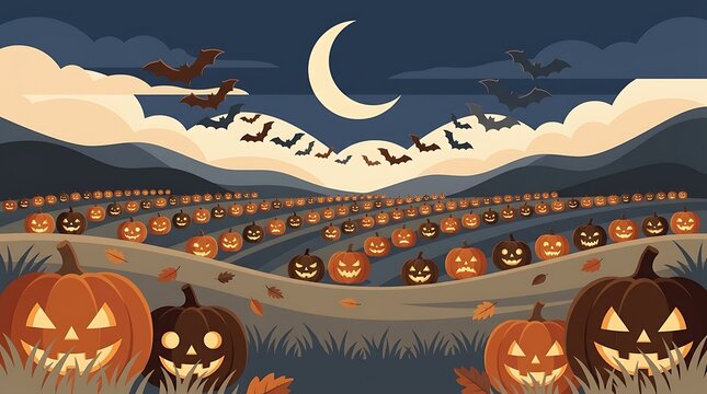 Spooky jack o lantern pumpkin patch under crescent moon with flying bats and dark clouds creates eerie halloween landscape for celebration.