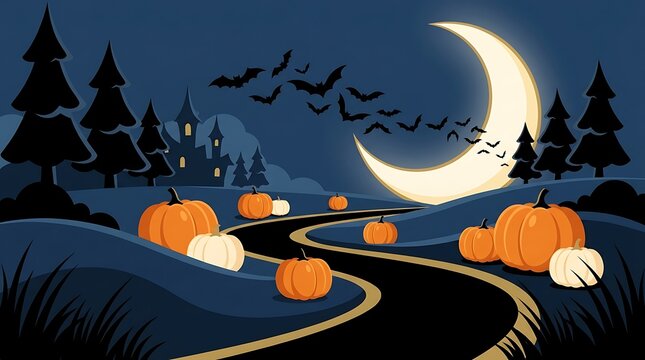 Halloween path winding through pumpkin patch with flying bats and large crescent moon in dark blue forest landscape for seasonal decor.