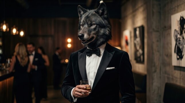 Man in tuxedo with wolf mask holding a glass of whiskey at a formal event