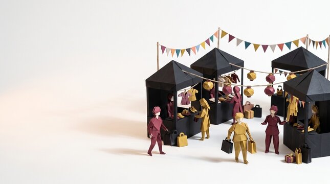 Origami Paper Festive Night Market Stalls with Lanterns and Shopping Figures &mdash; Fashion Diorama Copy Space