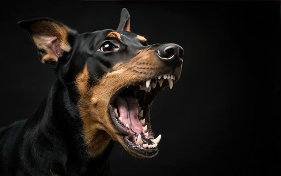 Close-up portrait of a black and tan doberman pinscher growling with bared teeth