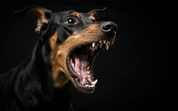 Close-up of a doberman pinscher with mouth open showing sharp teeth