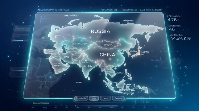 Glass Morphism Digital Map of Asia with Highlighted Countries in a Tech Interface Style