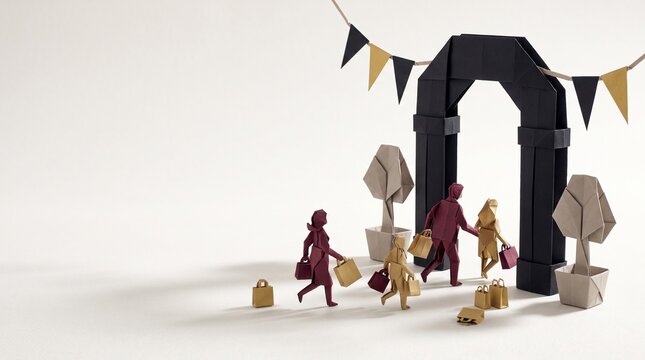 Origami Paper Grand Shopping Mall Entrance Arch with Crowd and Flags &mdash; Retail Lifestyle Diorama Copy Space