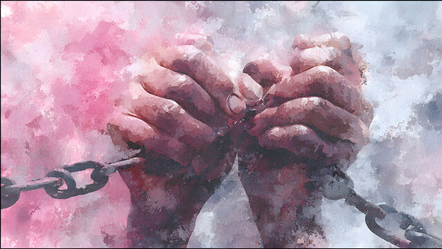 Hands Breaking Free from Heavy Metal Chains in a Stylized Watercolor Painting
