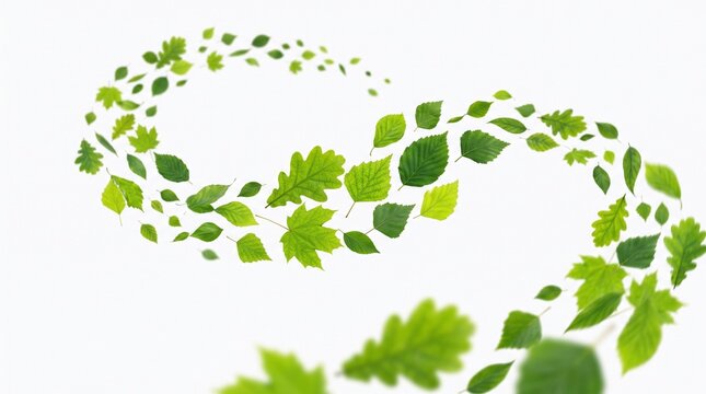 Green swirling foliage leaves vector illustration background representing nature organic growth ecology environment spring blowing wind isolated on white background.