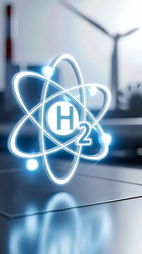 Hydrogen atom symbol glowing, visualizing clean power system, sustainable fuel development, alternative resource solution, future electricity innovation, chemical element representing green energy.
