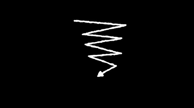 Hand drawn downward zigzag arrow sketch on black background. 4K Video
