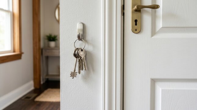 Set of keys hanging on a hook by a white door with brass hardware