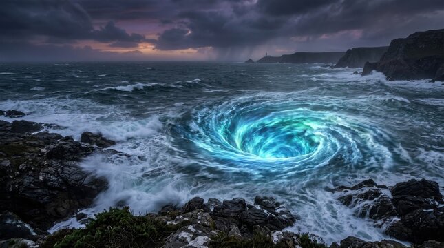 Dramatic ocean vortex pulls water into a glowing abyss near rocky shore