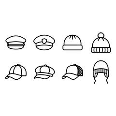 Fototapeta premium Diverse Headwear Line Art Set: Outline Vector Icons of Uniform Caps, Casual Baseball Hats, and Winter Beanies 
