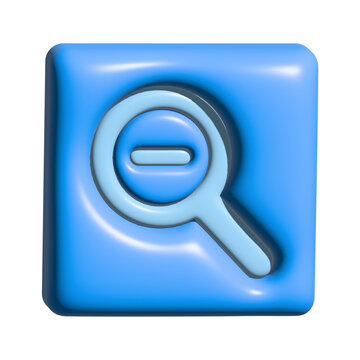 3d render of a blue zoom out icon, magnifying glass with a minus sign inside, representing reduction, decrease, or zooming out, isolated on transparent background