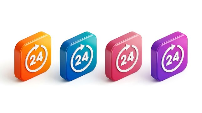 Colorful isometric square icons featuring twenty four hour symbols rendered in glossy plastic material style design
