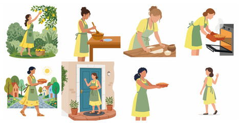 Fototapeta premium Set of flat vector illustrations depicting a woman's process of baking and sharing a homemade lemon pie from harvest to table