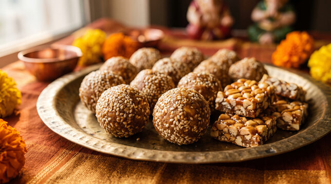 Traditional Indian sweets Til Laddo and Chikki served on a brass plate with marigold flowers
