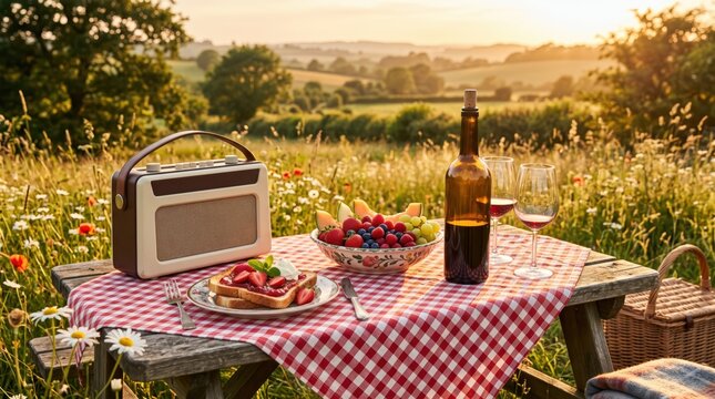 Picnic setup on wooden bench in wildflower meadow at golden hour with wine bottle, glasses, fruit bowl and radio on gingham cloth evoking rustic summer evening