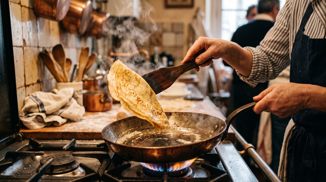 Chef flips a crepe in a hot pan on a gas stove in a rustic kitchen