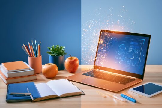 Conceptual school supplies flat lay with laptop displaying digital interface and glowing particles