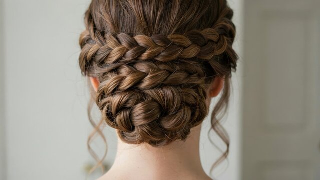 Close-up rear view of a woman with intricate braided updo hairstyle