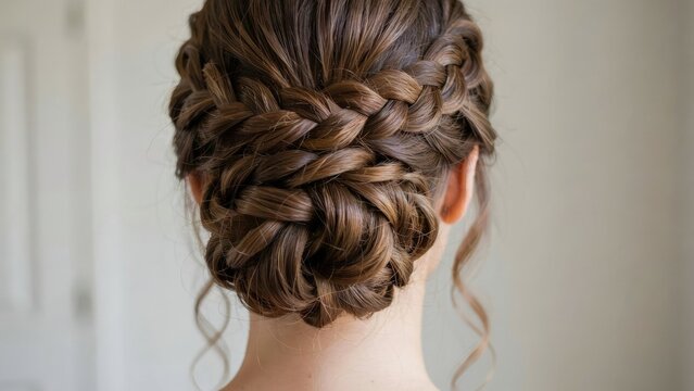 Close-up rear view of a woman with intricate braided updo hairstyle