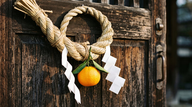Japanese Shimenawa Decoration with Orange and Shide Paper on Wooden Door