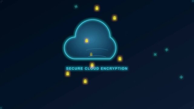 Blue digital cloud computing symbol featuring floating yellow padlock icon on dark background illustrating secure cloud encryption technology concept for virtual data protection network.