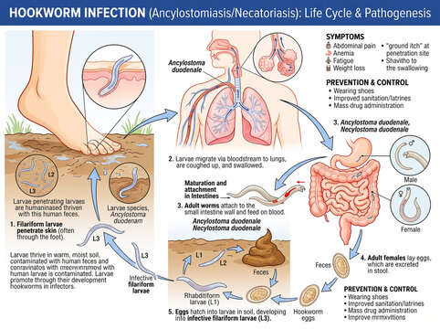 Scientific infographic diagram illustrating the life cycle, pathogenesis, symptoms, prevention, and control of human hookworm infection (ancylostomiasis/necatoriasis).