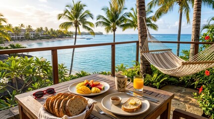 Fototapeta premium Tropical balcony breakfast setup with bread, fruit, coffee and juice beside hammock overlooking palm lined bay and calm ocean at sunrise, relaxed vacation mood