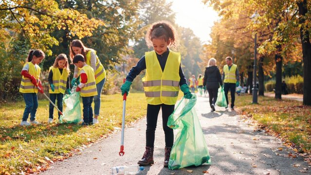 Group of children and adults cleaning up litter in an autumn park