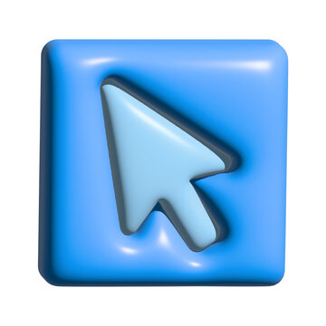 3d render of a glossy blue square icon featuring a white computer mouse cursor arrow, isolated on transparent background