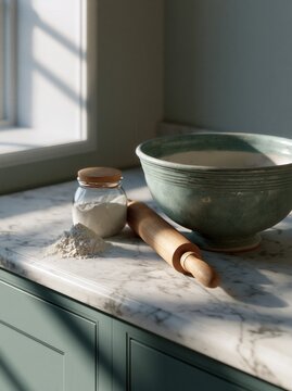 Ceramic mixing bowl with rolling pin and flour on marble kitchen countertop