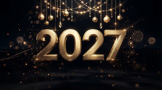 Golden 2027 three dimensional numbers on dark background with festive hanging ornaments and sparkling fireworks for new year celebration