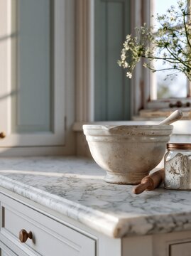 Stone mortar and pestle with flour on marble kitchen countertop