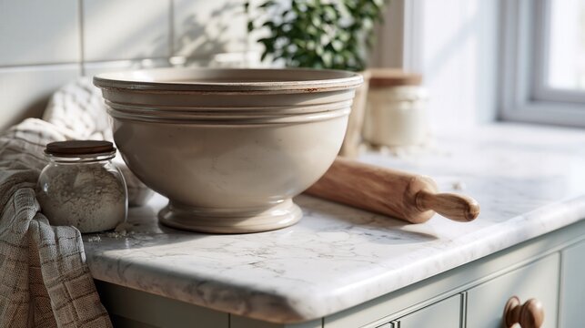 Ceramic mixing bowl with rolling pin and flour on marble countertop