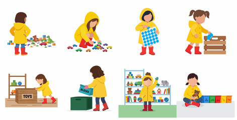 Fototapeta premium Vector illustration set of little girls in yellow raincoats playing and tidying up toys, organizing playroom, and sorting objects in a flat cartoon style.