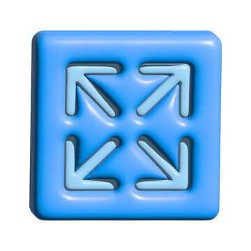 3d render of a blue square button with a white icon showing four arrows pointing outwards, representing full screen, expand, or zoom out functionality isolated on transparent background