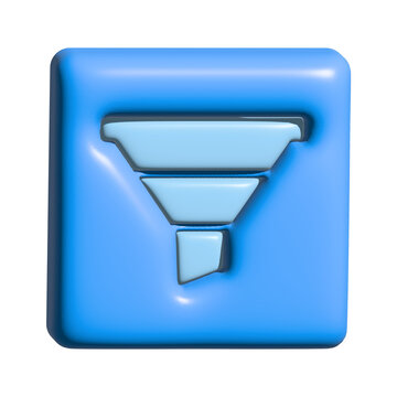 3d render of a blue funnel icon, a symbol for data filtering, search refinement, and sorting options, isolated on transparent background