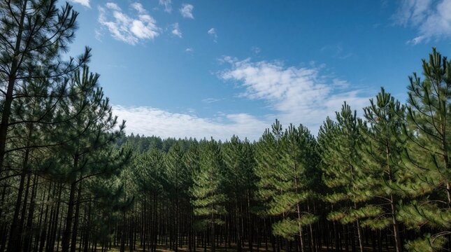 Straight pine trees grow in forest under bright blue sky with light clouds. Tall green trees line up forming natural woodland path for exploration.