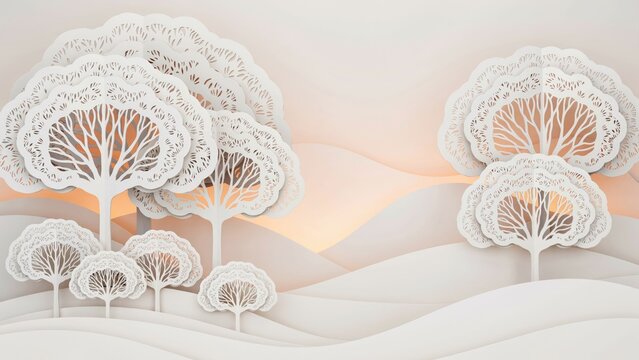 3 d paper cut landscape with layered white trees and soft warm glow
