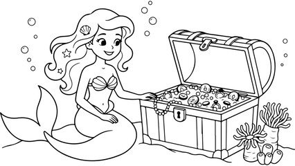 Cute mermaid girl sitting underwater next to an open treasure chest filled with gold coins