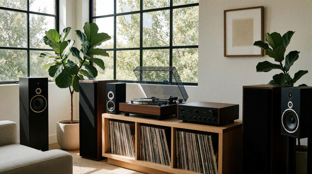 Modern living room features record player with vinyl collection, stereo speakers, and large window. Minimalist decor with plants creates a warm, cozy atmosphere for music lovers.