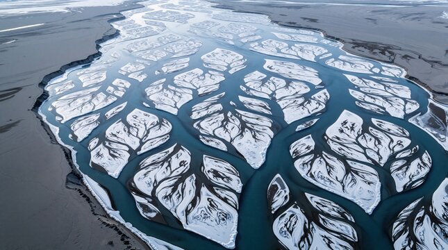 Aerial view shows braided ice river delta with natural abstract patterns. Cold frozen landscape displays polar water flow creating unique shapes for earth science study.