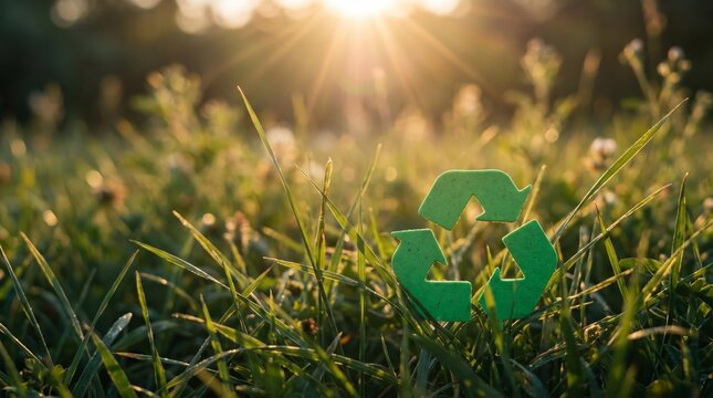Recycling Green symbol standing amidst lush grass during golden hour sunlight warm glow environment with recycling icon resting lens flare background, 32k Resolution
