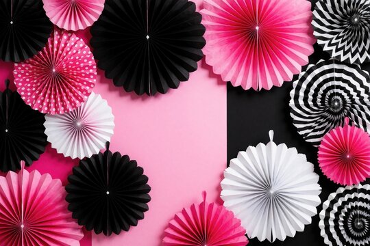 Assortment of paper fans in black pink and white creates festive backdrop for parties or events. Colorful decorations arranged on two tone background for celebration.